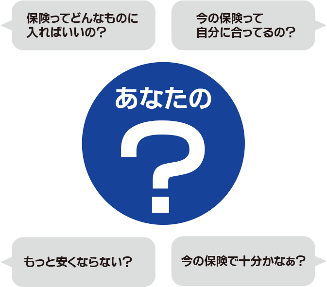 あなたの？「保険ってどんなものに入ればいいの？」「今の保険って自分に合ってるの？」「もっと安くならない？」「今の保険で十分かなぁ？」